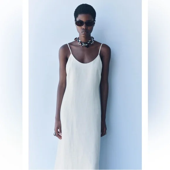 Zara White Linen Blend A-Line Midi Dress Round neckline strap ZW Cotton S NWT - Picture 3 of 16